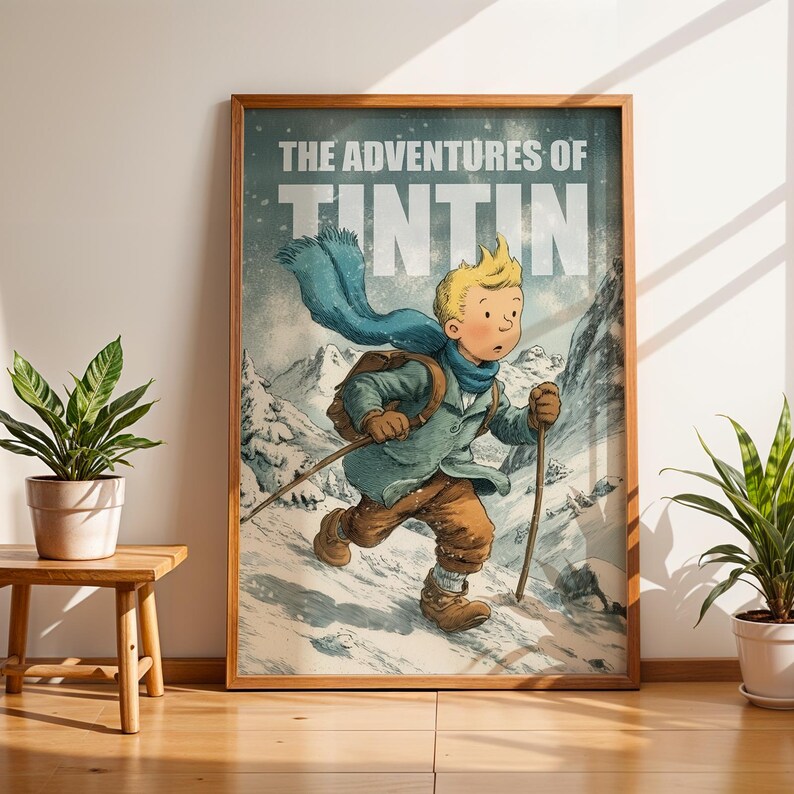 Illustration poster of Tintin walking through snowy mountains in winter, wearing a scarf and backpack, with text The Adventures of Tintin in vintage comic style.