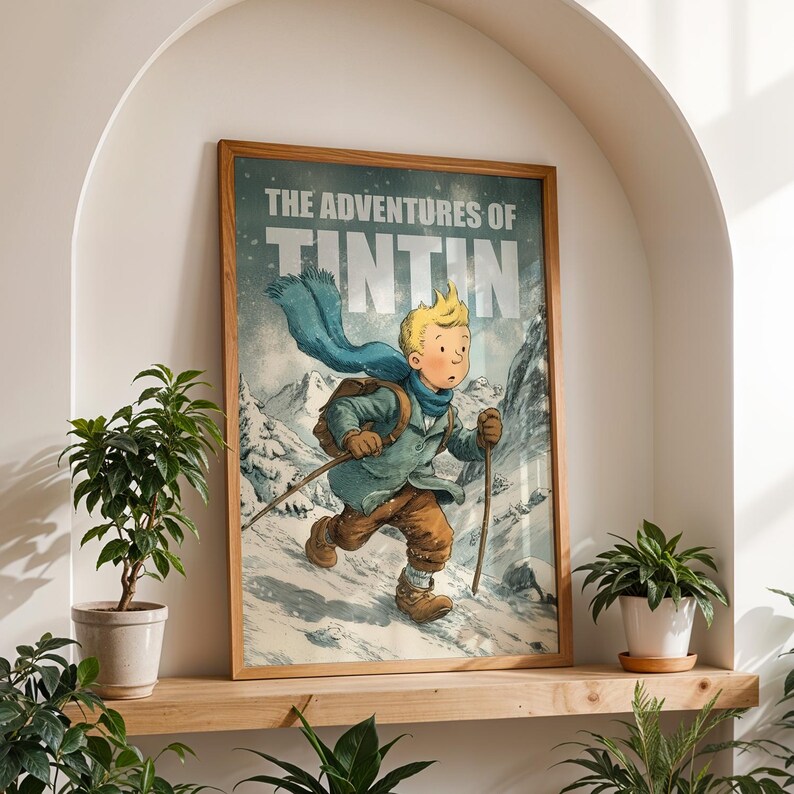 Illustration poster of Tintin walking through snowy mountains in winter, wearing a scarf and backpack, with text The Adventures of Tintin in vintage comic style.