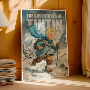 Illustration poster of Tintin walking through snowy mountains in winter, wearing a scarf and backpack, with text The Adventures of Tintin in vintage comic style.