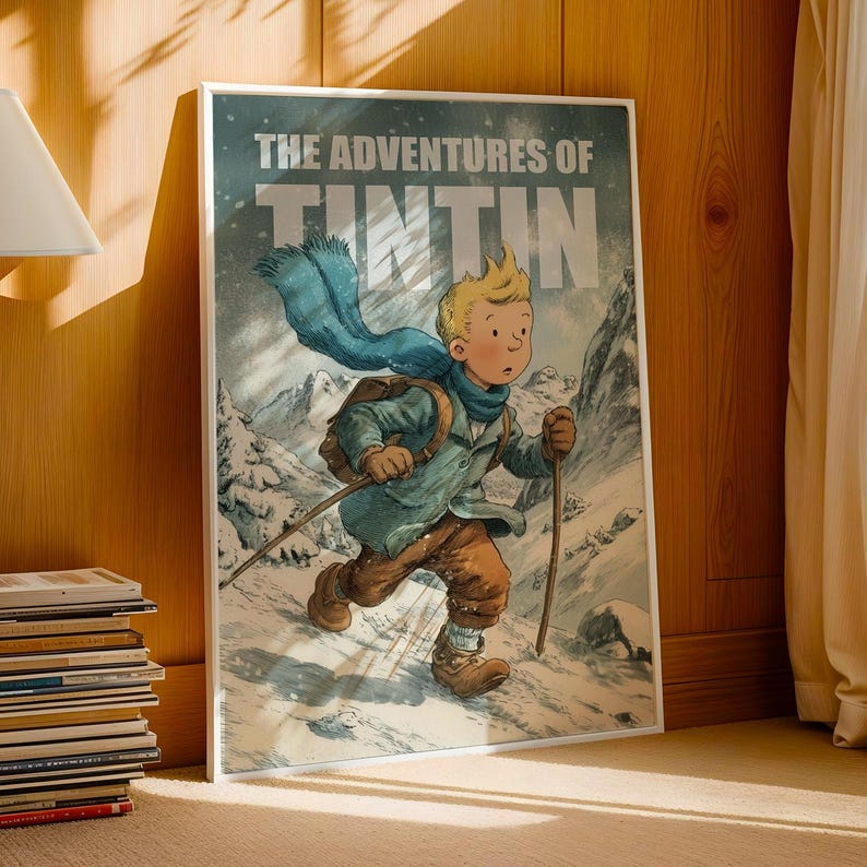 Illustration poster of Tintin walking through snowy mountains in winter, wearing a scarf and backpack, with text The Adventures of Tintin in vintage comic style.