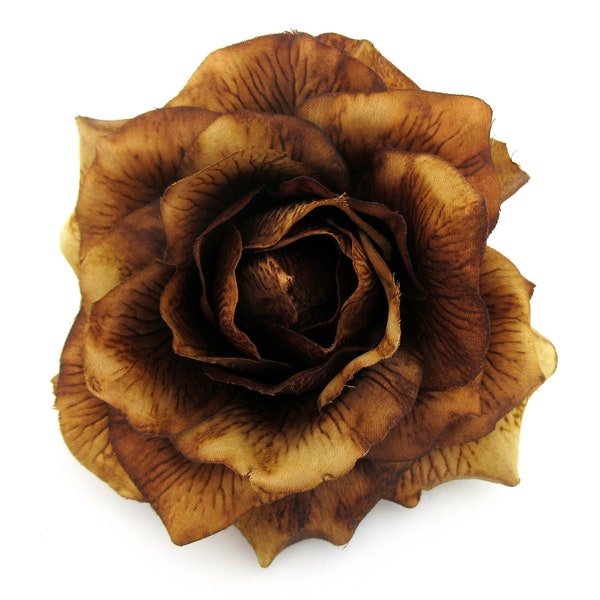 5.5" Brown Bronze Rose Poly Silk Flower Brooch Pin