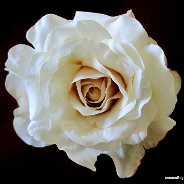 Full 5" Cream Georgia Rose Silk Flower Brooch Pin