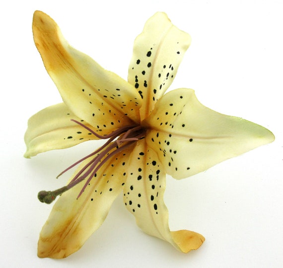 Large Tropical 6" Variegated Golden Beige Bronze Tiger Lily Poly Silk  Flower Brooch Pin