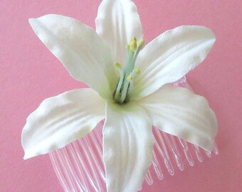 3.5" Cream White Lily Silk Flower Hair Comb