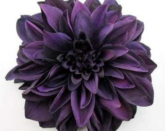 Large Plum Purple Dahlia Silk Flower Hair Clip 7" Dinner Plate Style