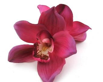 Grote dubbele 4,5 "fuchsia roze orchidee poly Silk Flower Hair clip