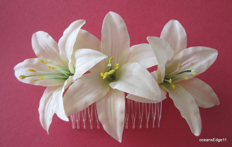 Triple Cream White Lily Silk Flower Hair Comb Etsy