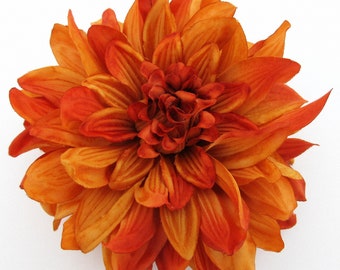 Large 6" Variegated Orange Dahlia Poly Silk Flower Hair Clip