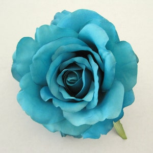 Full 4.5"  Aqua Turquoise Silk Flower Rose Hair Clip
