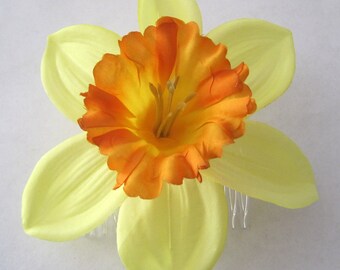 5 "Yellow Orange Daffodil Poly Silk Flower Hair Peine