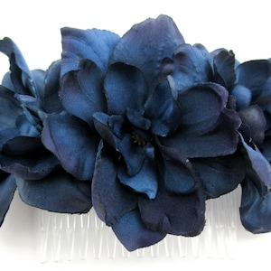 Triple Deep Navy Blue Apple Blossom Silk Flower Hair Comb