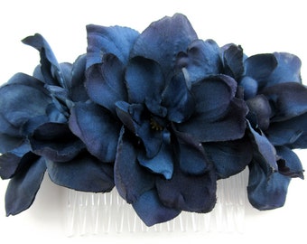 Triple Deep Navy Blue Apple Blossom Silk Flower Hair Comb