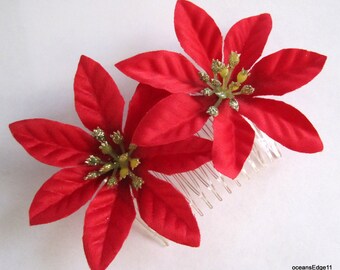 Doble rojo brillo Poinsettia flor flor peine de pelo Navidad