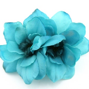 Double Aquamarine Turquoise Silk Apple Blossom Flower Brooch Pin