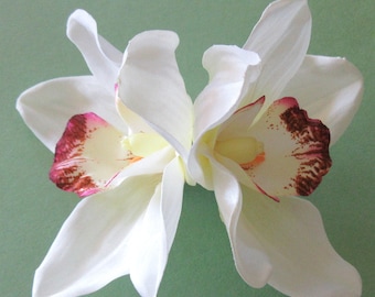 Grand Double 4.5" Crème White Orchid Poly Silk Flower Hair Clip