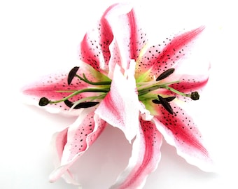 Large Double 7.5 inch Tropical Pink Fuchsia White Tiger Silk Lily Hair Clip