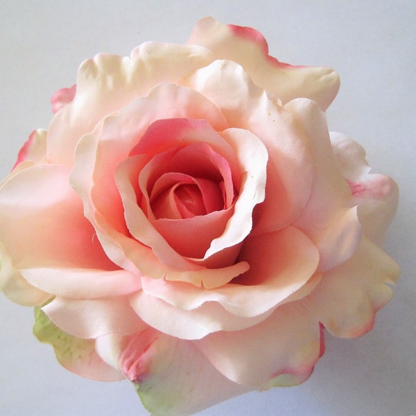 5" Variegated Cream Pink Silk Flower Georgia Rose Hair Clip