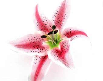 X-Large Tropical 7,5 inch witte fuchsia tijgerlelie zijden bloem haarspeld