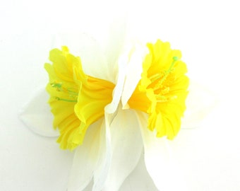 Double 5"  White Yellow Daffodil Silk Flower Hair Clip