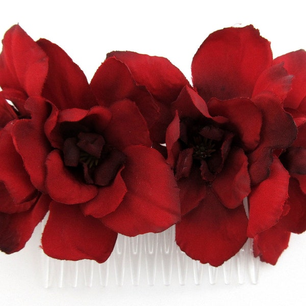 Four Flower deep red Apple Blossom Silk Flower Hair Comb