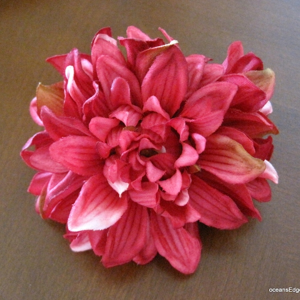 4.5" Dahlia rose Fuchsia panaché Poly soie broche fleur