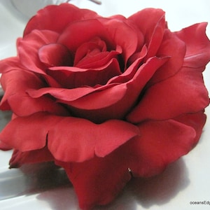 Full 5&quot; Rich Red Silk Flower Georgia Rose Hair Clip