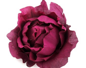 4" Rich Plum Purple Bourbon Rose Silk Flower Brooch Pin