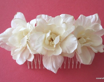 Triple Cream White Apple Blossom Silk Flower Hair Comb