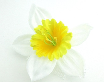 5 "Peine de cabello de flor de narciso de seda de 5 "pétalo amarillo blanco