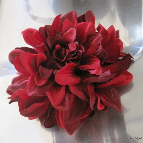 4.5" Variegated Fire Red Poly Silk Dahlia Flower Brooch Pin