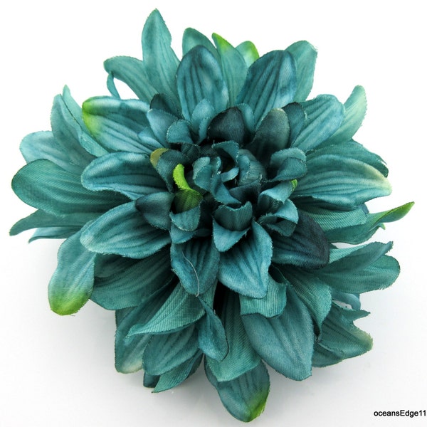 4.5" Variegated Teal Blue Sage Dahlia Poly Silk Flower Hair Clip