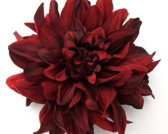 Grand 6 " Variegated Rich Red Dahlia Poly Silk Flower Hair Clip