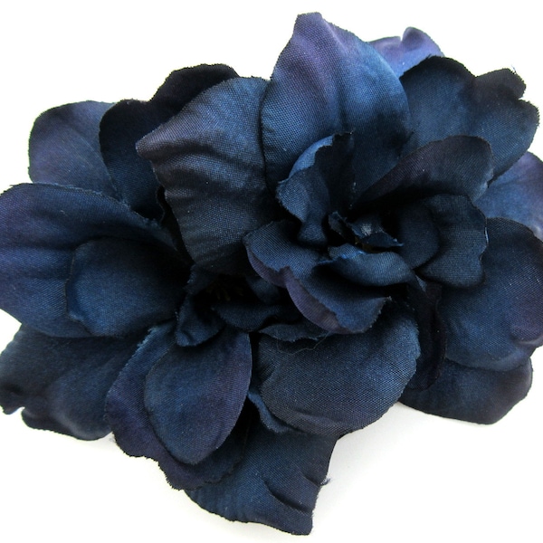 Double Romantic Navy Blue Silk Apple Blossom Flower Brooch Pin