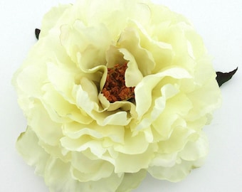 6" Cream White Peony Poly Silk Flower Brooch Pin