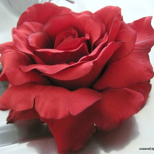 Full 5" Rich Red Silk Flower Georgia Rose Brooch Pin