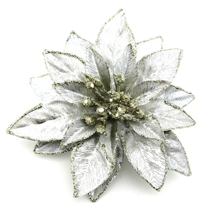 Large 6" Brushed Metallic Silver Gray Glitter Holiday Poinsettia Flower Hair Clip