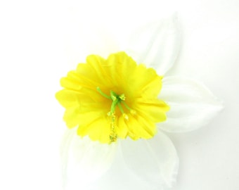 5"  White Yellow Daffodil Poly Silk Flower Hair Clip