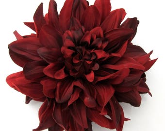 Large 6" Variegated Rich Red Dahlia Poly Silk Flower Brooch Pin