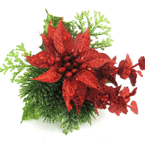 Full 5" Red Glitter Galore Poinsettia Flower, Green Holly Brooch Pin Christmas Holiday