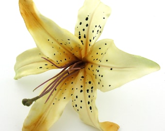 Fermaglio per capelli grande tropicale da 6" con fiore di giglio tigrato in seta sintetica color bronzo beige dorato variegato