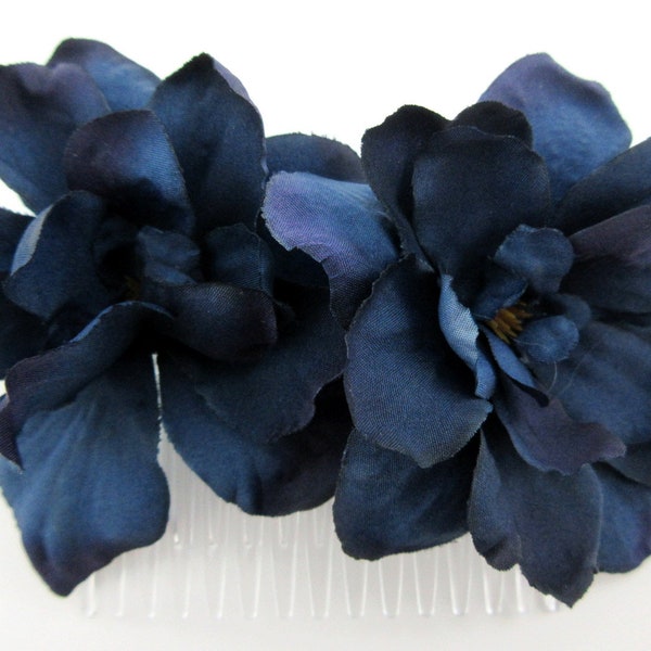 Double Deep Navy Blue Apple Blossom Silk Flower Hair Comb
