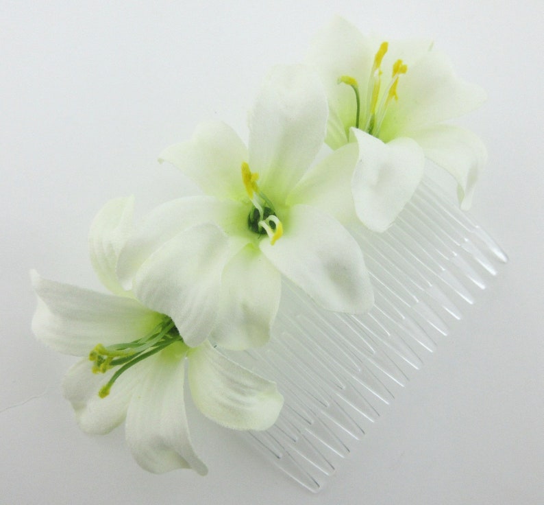 Triple Cream White Lily Silk Flower Hair Comb Etsy