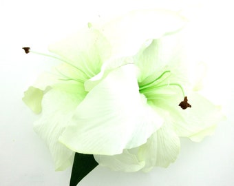 Large Double 7.5" Tropical White Silk Lily Hair Clip Leaf Accent