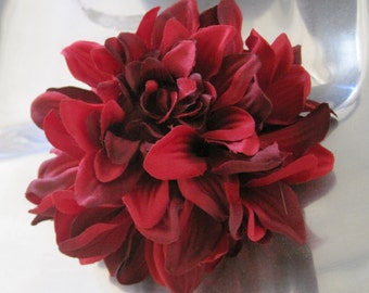 4.5" Variegated Fire Red Dahlia Poly Silk Flower Hair Clip