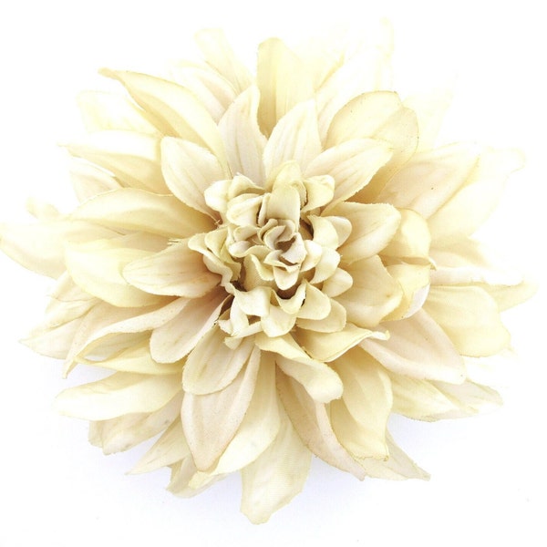 Large 6" Variegated Light Cream White Dahlia Poly Silk Flower Brooch Pin