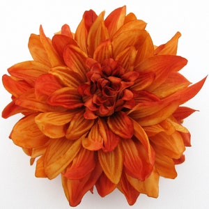 Large 6&quot; Variegated Orange Dahlia Poly Silk Flower Brooch Pin