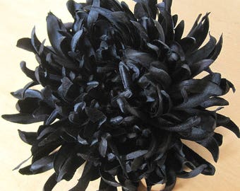 6" Jet Black Spider Mum Poly Silk Flower Brooch Pin, Goth