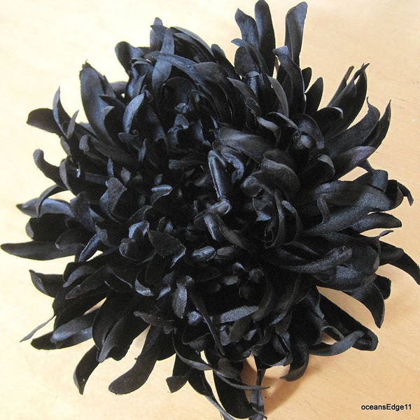 6" Jet Black Spider Mum Poly Silk Flower Brooch Pin, Goth