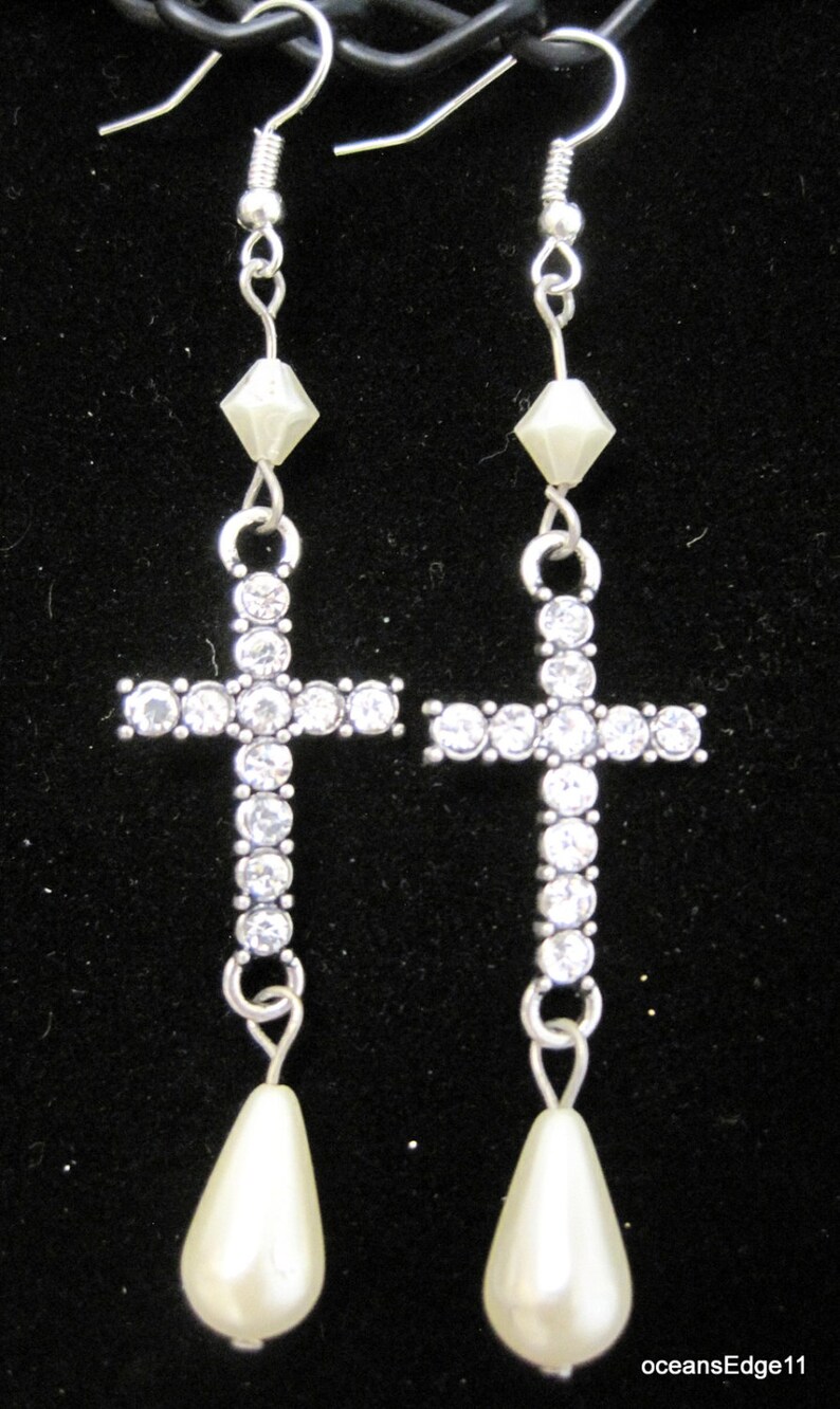 New Rhinestone Silver Cross Earrings,Vintage Cream White Beads