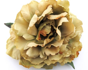 6" Tan Beige Sienna Peony Poly Silk Flower Brooch Pin